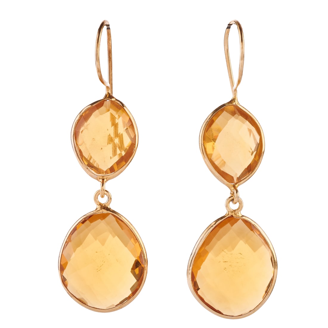Pair of Citrine, Vermeil Earrings: Pair of Citrine, Vermeil Earrings. Each featuring two graduated oval shaped, faceted citrines, bezel set in a vermeil mounting measuring approximately 55 x 17 mm. {Gross Weight: 5.3 dwts}