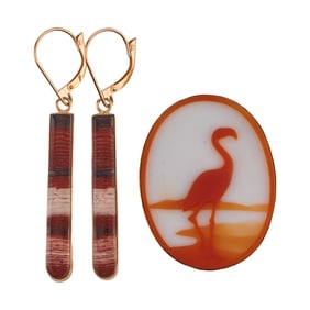 Glass Cameo, Hardstone, 14k Yellow Gold Jewelry Suite