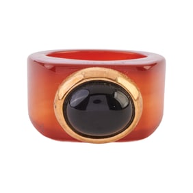 Black Onyx, Carnelian, 14k Yellow Gold Ring