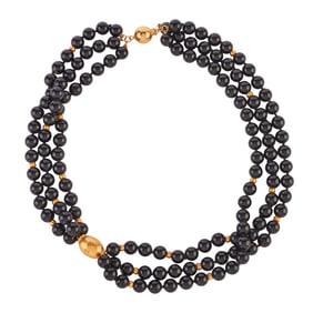 Black Onyx Bead, 21k Yellow Gold Bead, 14k Yellow Gold Necklace
