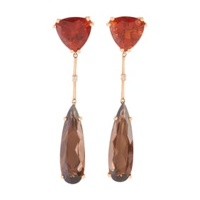 Pair of Smoky Quartz, Citrine, Diamond, 14k Yellow Gold Earrings