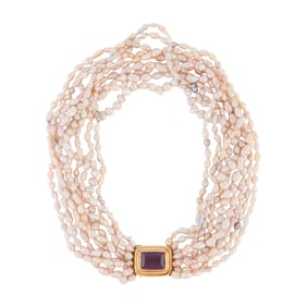 Cultured Pearl, Amethyst, 18k Yellow Gold Necklace