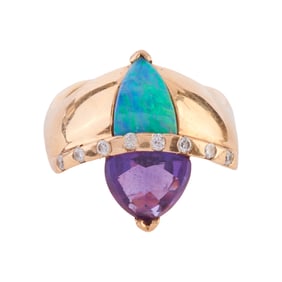 Amethyst, Opal Doublet, Diamond, 14k Yellow Gold Ring