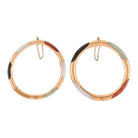 Pair of Multicolored Jade, 14k Yellow Gold Bracelets
