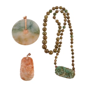 Collection of Three Jade, 14k Yellow Gold Jewelry Items