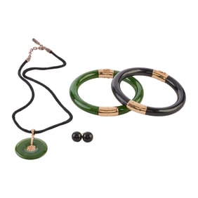 Gump's Jade, Black Onyx, 14k Yellow Gold Jewelry Suite