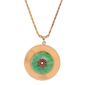 Vintage Tiffany & Co. Jade, Diamond, Ruby, 14k Yellow Gold Pendant Necklace