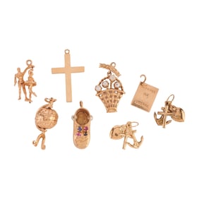 Collection of Eight Multi-Stone, 14k Yellow Gold Charms