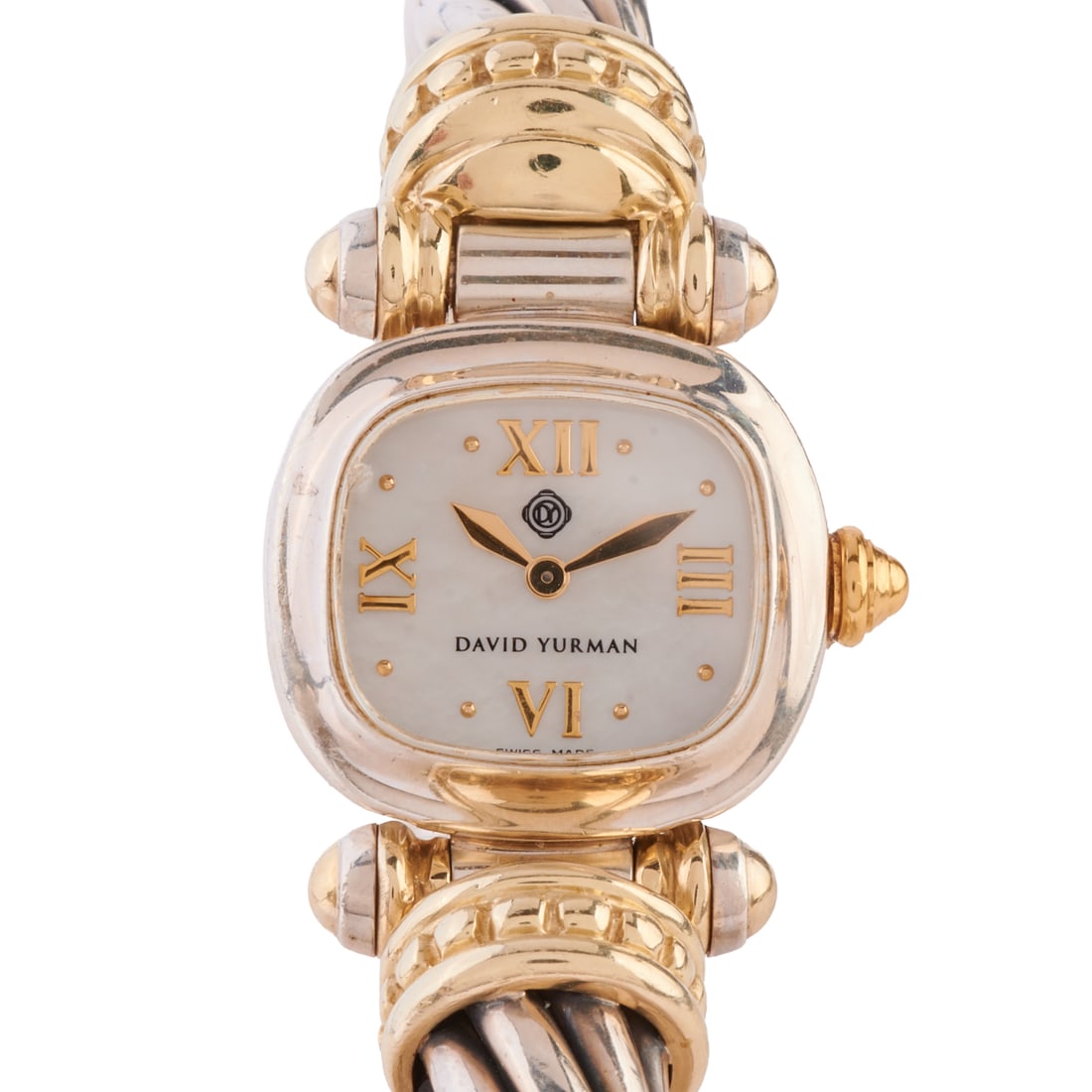David Yurman 14k Yellow Gold, Sterling Silver Wristwatch: David Yurman 14k Yellow Gold, Sterling Silver Wristwatch. DIAL: East/West cushion, mother-of-pearl, gold Roman numeral and dot hour markers, gold dauphine hands, David Yurman, Swiss made. MOVEMENT: Ba