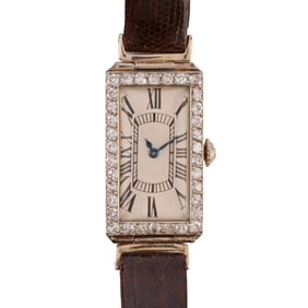 Vintage French Diamond, Platinum, Leather Wristwatch