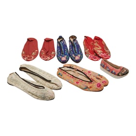 Five Pairs of Chinese Silk Embroidered Slippers, one additional