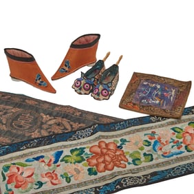 Three Chinese Embroidered Panels with Two Pairs of Shoes