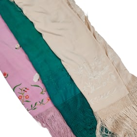 Three Chinese Silk Shawls Embroidered with Flowers