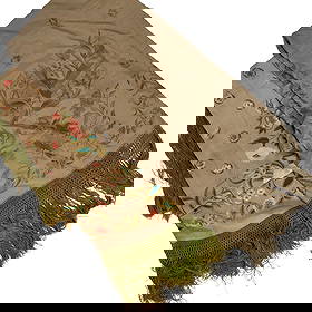 Two Chinese Silk or Rayon Embroidered Shawls: Two Chinese Silk Embroidered Shawls, both sage green brown color, embroidered with flowers, one, of same color; and the rayone example with multi colored threads. Borth with crocheted netting and frin