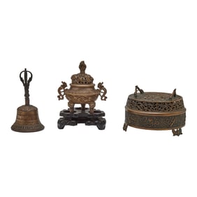 Two Chinese Incense Burners and a Bell