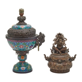 Sino-Tibetan Bronze Lidded Incense Burner and a Cloisonne Lidded Incense Burner