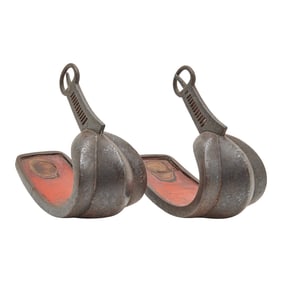 Pair of Japanese Edo Abumi Iron and Red Lacquered Stirrups.