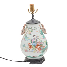 Chinese Famille Rose Porcelain Hu Form Vase with Deer-Head Handles,