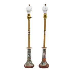 Pair of Chinese Rose Medallion Porcelain Candle Holders, Converted to Table Lamps