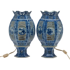 Pair of Chinese Reticulated Blue and White Porcelain Lamps
