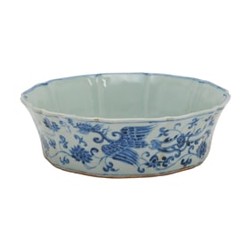 Chinese Blue and White 'Lotus and Phoenix' Foliated Bowl