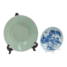 (Lot of Two) A Chinese Blue and White Porcelain 'Horses' Plate and a Celadon Glazed 'Lotus' Plate
