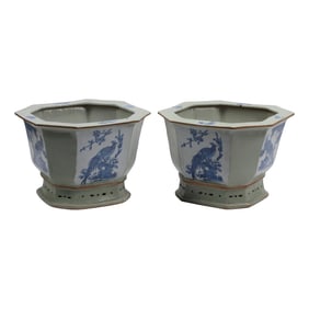 Pair of Celadon and Blue and White Porcelain Octagonal Planters
