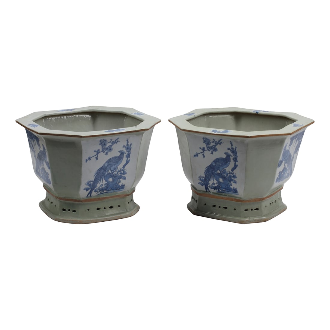 Pair of Celadon and Blue and White Porcelain Octagonal Planters: Pair of Celadon and Blue and White Porcelain Octagonal Planters. {Height 9 x Width13 1/2 x Depth 13 1/4 inches}