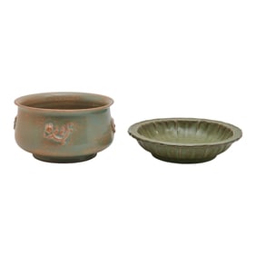 Chinese Olive Green Glazed Foliated Dish and Molded Bowl