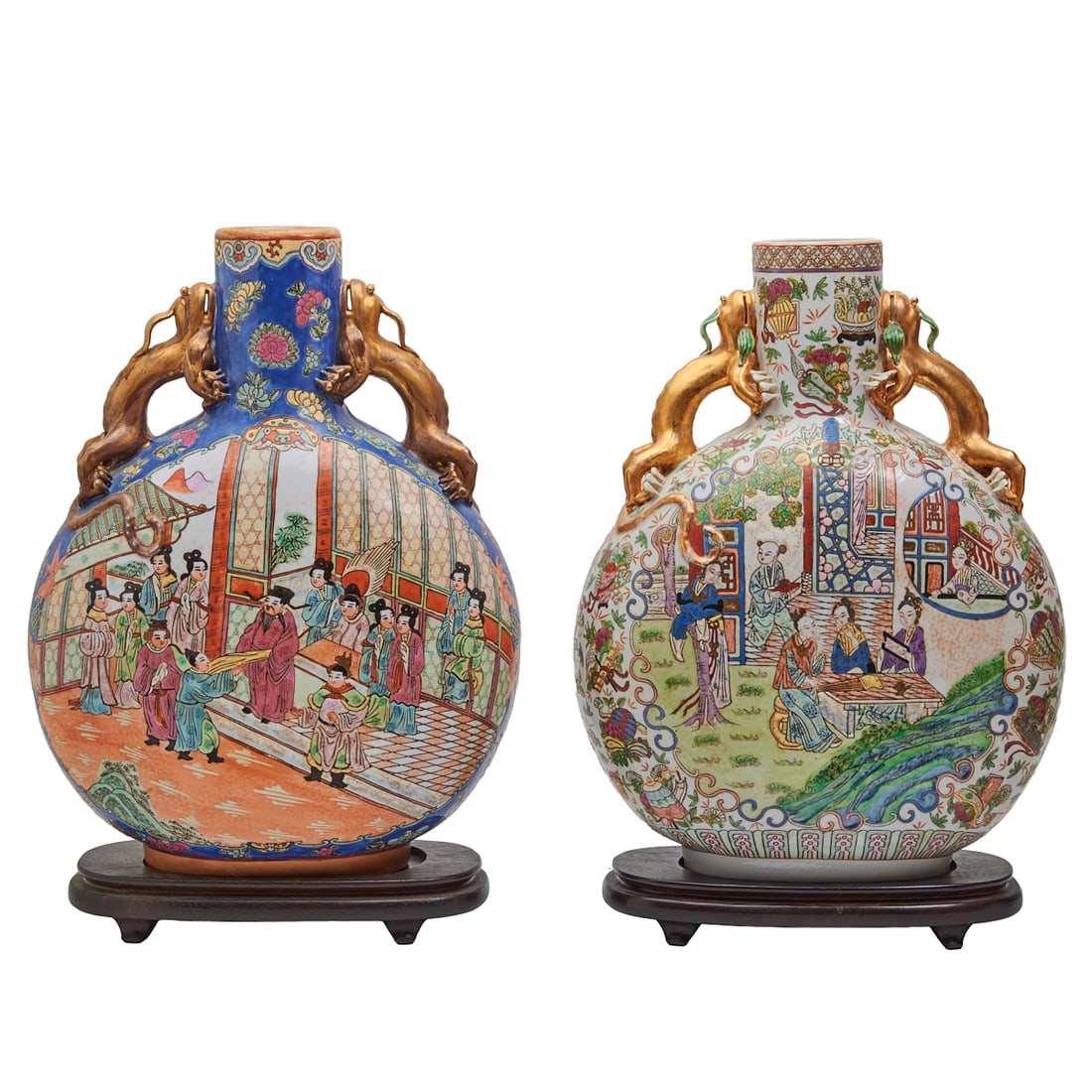 Two Large Chinese Famille Rose Porcelain Moon Flask Vases on Bases. (1 of 8)