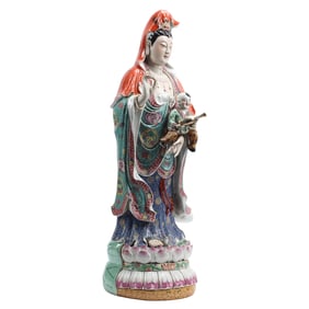 Large Chinese Polychrome Porcelain Enameled Standing Quan Yin