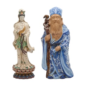 A Chinese Porcelain Guanyin and a Japanese Kutani Statue of Scholar.