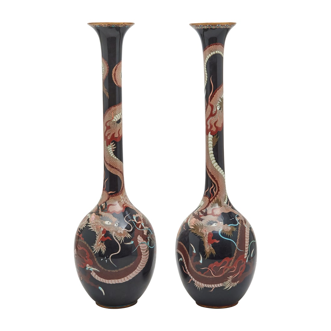 Pair of Tall Japanese Cloisonne Dragon Vases: Pair of Tall Japanese Cloisonne Dragon Vases.