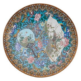A Japanese Blue Ground Cloisonne Plate, Fan Motifs