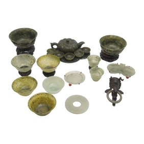 Collection of Chinese Jade and Jadeite Table Items, Including Tea Sets.