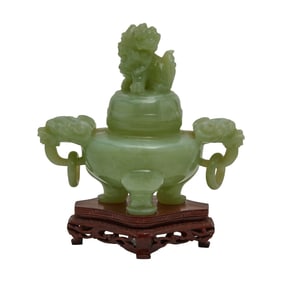 Chinese Jade Carved Censer, Foo Dogs Motif, in Box