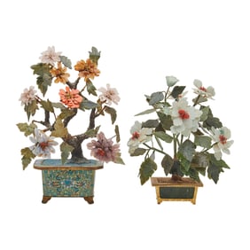 Group of Two Chinese Jade and Hardstone Trees on Cloisonne Planters.