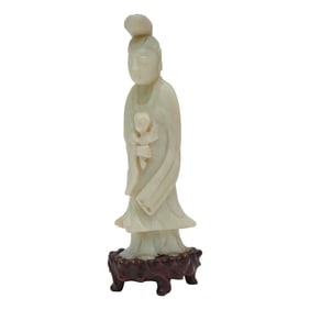 Chinese Carved Jadeite Statue of Standing Guanyin on Base