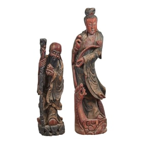 Lot of Two Large Chinese Carved Wood Statues of Guanyin and Shoulao