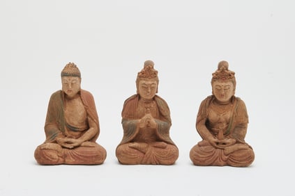 Group of Three Chinese Carved and Polychrome Painted Wooden Buddhist Statues