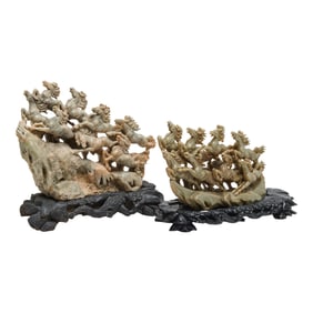 Two Chinese Carved Soapstone Groups of Horses on Bases