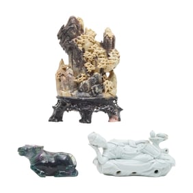 Group of Three Chinese Carvings and a Porcelain Statue of Guanyin.