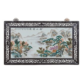 Large Chinese Framed Famille Verte Porcelain Panel of 'Landscape'
