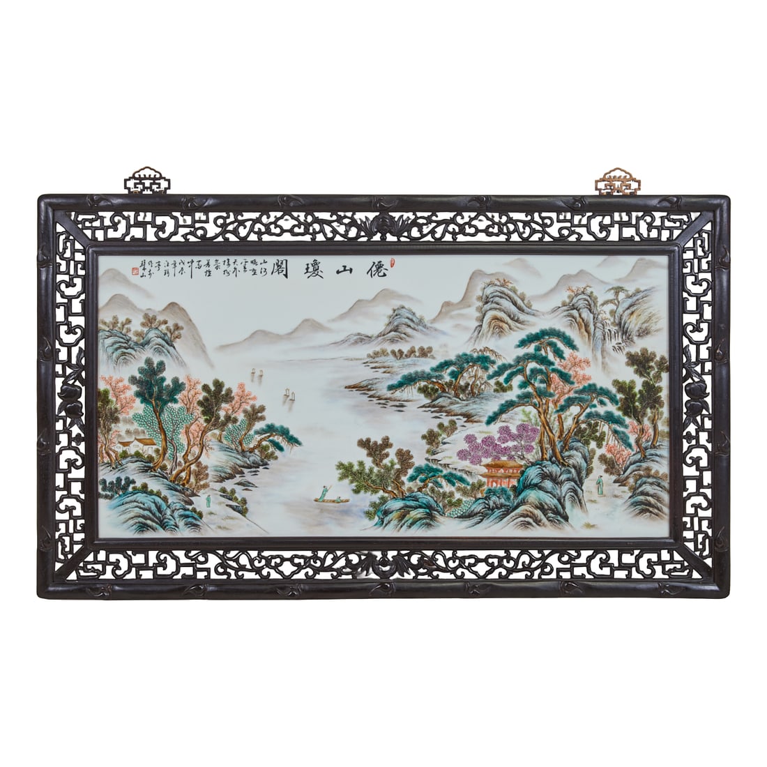 Large Chinese Framed Famille Verte Porcelain Panel of 'Landscape' (1 of 4)