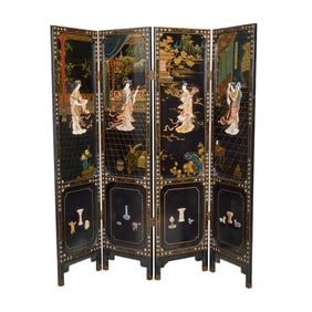 Chinese Black Lacquered Chinoiserie Four-Panel Screen