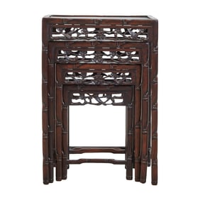 Four Chinese Export Carved Wooden Nesting Tables with Bamboo Motifs