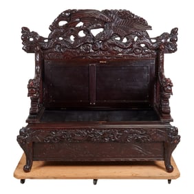 Large Japanese Trunk Bench with Carved Dragon and Eagle Motif.