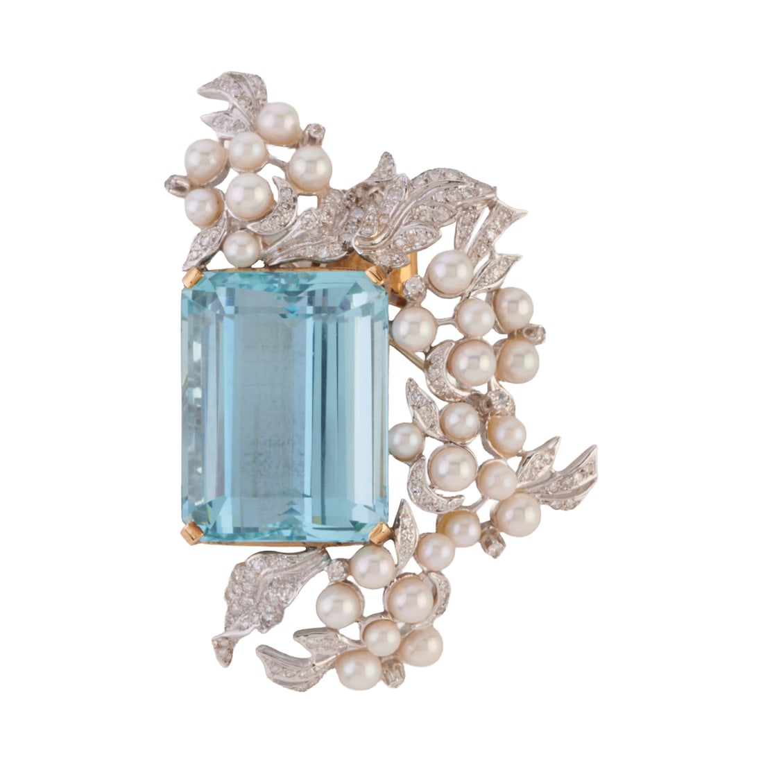 Aquamarine, Diamond, Cultured Pearl, Yellow and White Gold Pendant Brooch: Aquamarine, Diamond, Cultured Pearl, Yellow and White Gold Pendant Brooch. Featuring one emerald-cut aquamarine weighing approximately 102.50 cts., accented by twenty-seven cultured pearls, further en