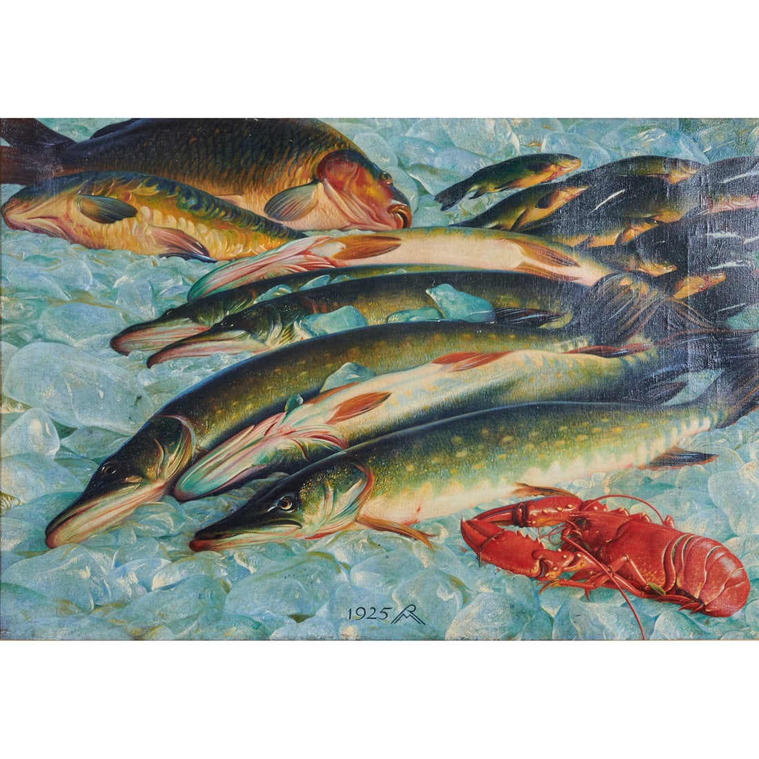 Richard Muller, Fish on Ice, Oil on Canvas: Richard Muller (German, 1874 - 1954), Fische auf Eis (Fish on Ice), 1925, oil on canvas,[approximate dimensions - canvas: 29 5/8"; H x 43"; W], dated and monogrammedat the bottom center: 1925RM; signe