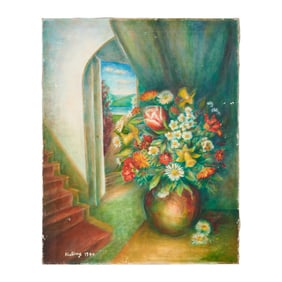 Moise Kisling, Floral in Room Interior, Oil on Canvas